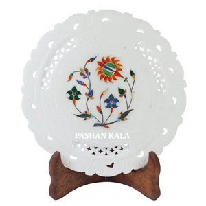 Produit le plus vendu en ligne de la plus belle plaque de forme ronde de sculpture et d'incrustation de marbre blanc faite à la main pour la décoration de la maison - Product Image 1