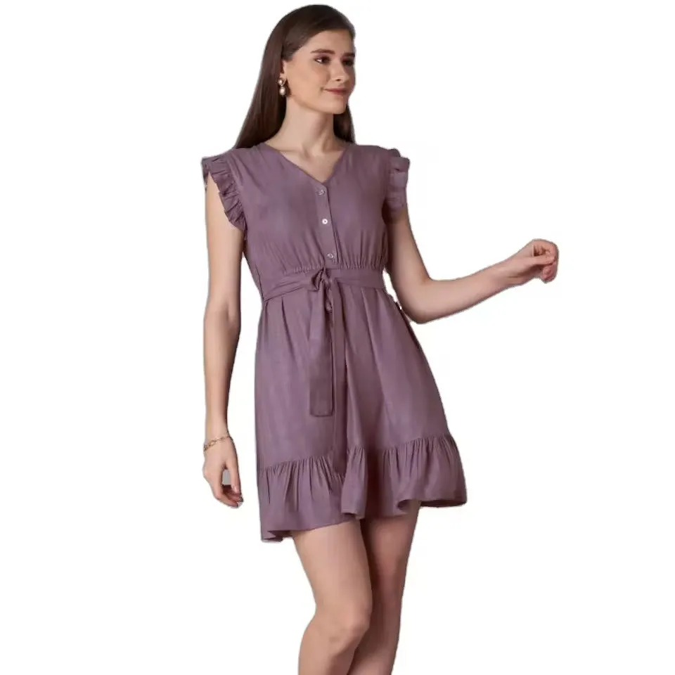 2024ドレスデザイン大人の女の子のための最高の完全に印刷されたフレアスリーブ女性の服のためのカジュアルなワンピースドレス