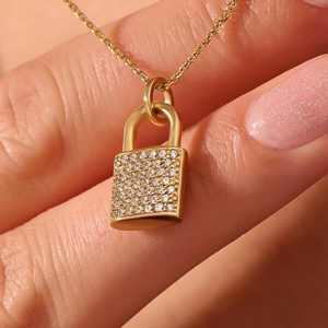 Collier avec pendentif en forme de cadenas, en argent sterling 925 massif, plaqué or 14 carats, de haute qualité, minimaliste, serti de diamants CZ - Product Image 3