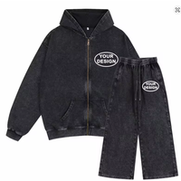 Conjunto de Sudadera con Capucha y Pantalones Deportivos con Lavado Ácido Personalizado, 100% Poliéster, Invierno, Color Sólido, Estilo Vintage, Sudadera con Capucha Gruesa de Forro Polar Transpirable, Unisex