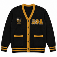 Cardigan universitaire personnalisé en coton 100% pour fraternité, avec lettres grecques, col en V, boutonnage, patchs brodés et poignets rayés, vente en gros