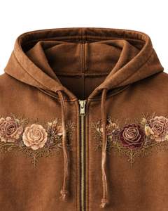 Sweat à capuche zippé brun délavé sur mesure avec broderie de rose, streetwear vintage, veste en molleton de coton délavé sur mesure - Product Image 5