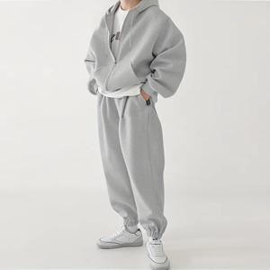 Combinaison de sport de jogging pour hommes personnalisée grise surdimensionnée 100% coton combinaison technique de haute qualité ensemble de pantalons deux pièces à capuche imprimé - Product Image 1