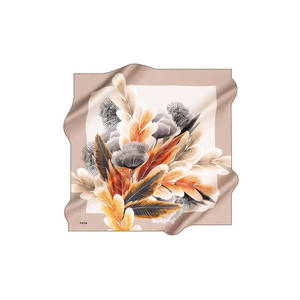 Beige Silk Crepe Satin Square Scarf with Leaf Pattern - Product Image 1