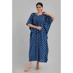 Kaftan de algodón puro con estampado floral azul Maxi Étnico, tamaño libre de la Dress-SHKUP1253 - Product Image 1
