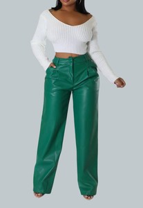 Pantalones de mujer estilo baggy de cuero verde genuino, nueva moda, hechos a mano, de piel de cordero auténtica, tacto suave. - Product Image 5