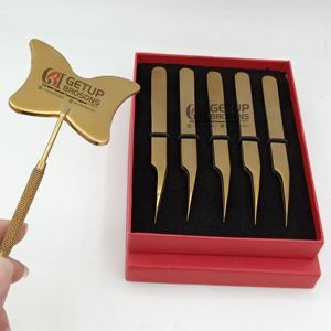 Pince à épiler pour cils GETUP BROSONS IMPEX, logo personnalisé, acier inoxydable japonais de haute qualité, dentelée, 10 mm, finition miroir dorée plasma - Product Image 1
