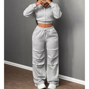 Logo personnalisé femmes Sweat-shirt à manches longues Jogger Survêtement fermeture éclair Crop Hoodie costume femmes deux pièces ensemble de vêtements de sport - Product Image 4