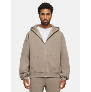 Sweat-shirt à capuche zippé surdimensionné pour homme, en coton marron uni, tissu French Terry, décontracté, pour l'automne - Product Image 5