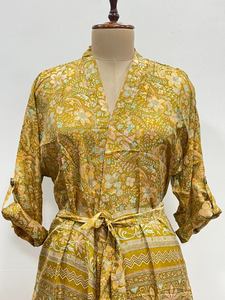 Indian Silk Floral Summer <b>Long</b> <b>Kimono</b> Boho <b>Robe</b> V-neck Drawstring Closure Beach Cover-Up Comfortable Dressing Gown Handmade - Product Image 5