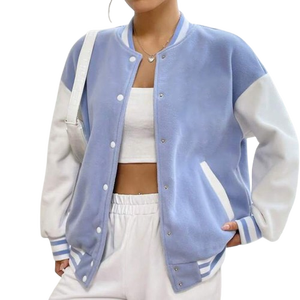 <b>Light</b> Blue White College Baseball Women's Varsity Jackets Soft Fleece Embroidery Genuine Leather <b>Shell</b> Wool Liner Contrast - Product Image 1