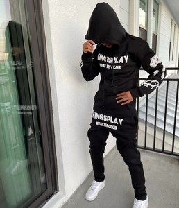 Ensemble de survêtement personnalisé avec impression 3D en relief, 100% coton molletonné, ourlet brut, pantalon de survêtement à capuche, vêtements de sport, pantalon de survêtement et sweat-shirt - Product Image 1