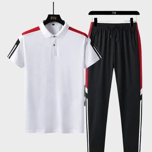 Printemps été, pantalon long court en coton, haut blanc uni, ensemble col rabattu été Survêtement décontracté pour homme - Product Image 5