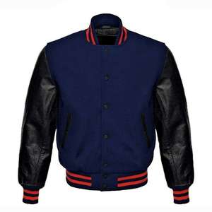Modern Blue And <b>Black</b> Varsity <b>Jacket</b> With Blue Red Striped Ribbed Trim And Button Closure For Custom Wholesale Streetwear - Product Image 1