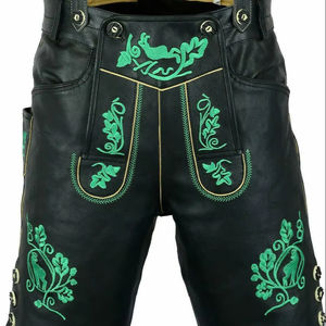 กางเกงขาสั้นหนังแท้สีเขียวสนิมสำหรับผู้ชายกางเกงขาสั้นปักลายเอวกลางกันลมใส่สบายสำหรับฤดูใบไม้ผลิ - Product Image 1