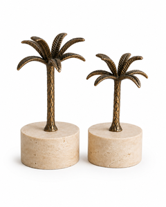 Luxury Travertine Palm Tree Sculpture Set of 2 <b>Antique</b> Gold Metal <b>Stand</b> 14x9 Inch Gift Decor - Product Image 3
