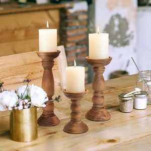 Lot de 3 bougeoirs à pilier en bois rustiques-12 \ "9 \" 6 \ "décor de centre de table vintage pour mariages support de bougie marron - Product Image 2
