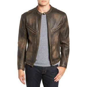 Chaqueta de Cuero Vintage con Cuello Alto y Capucha, Chaqueta de Motociclista de Moda, Cuero Genuino Marrón, Piel de Vaca Clásica, Logotipo Frontal para Hombre - Product Image 1