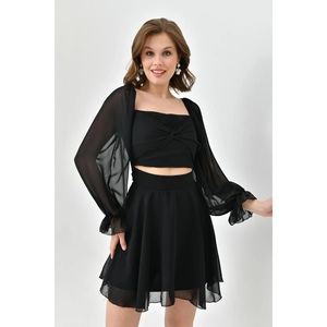 Conjunto de Falda y Top para Mujer, Vestido Mini Negro Informal, Forrado con Tela No Tejida, Manga Larga, Cuello Cuadrado, por Encima de la Rodilla, Cintura Natural - Product Image 2