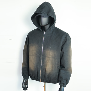 OEM Custom Logo Streetwear Acid Washed Vintage Distressed Embroidery Heavyweight 100% Cotton Boxy <b>Cropped</b> <b>Zip</b> <b>up</b> <b>Hoodies</b> for Men - Product Image 4