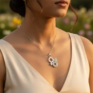 Colgante de Plata 925 con Símbolo Intersexual, Estilo Religioso con Diamantes, Joyería de Identidad de Género, Bañado en Rodio, Oro de 14K y Oro Rosa - Product Image 1