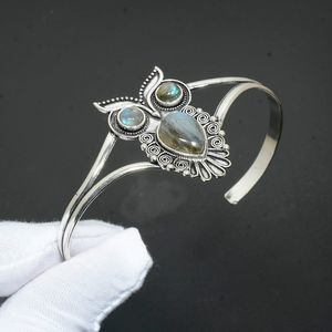 Labradorite Gemstone Handmade Cute Charm Brass Bangle Multi Stone Owl Pattern Luxury Men's Gift - Product Image 1