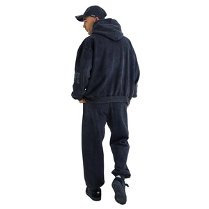 Survêtement à capuche oversize pour homme, effet délavé à l'acide, appliqué, lourd, épais, sans cordon, en coton, grammage élevé, pull à capuche vintage, poids lourd - Product Image 2