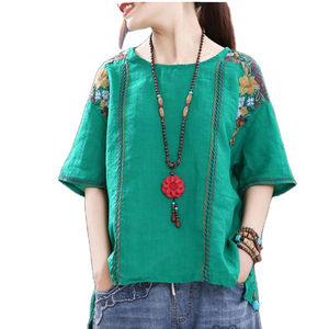 Nuevas llegadas, Túnica informal elegante para mujer, Top de manga corta, cuello redondo, patrones tejidos, tela teñida natural lisa de alta calidad - Product Image 1