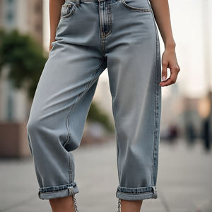 High Waisted Casual Button Denim Pants Ladies Distressed Stretch Baggy Loose Wide Leg Jeans Denim Trouser Women - Product Image 4