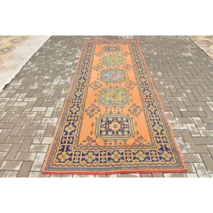 Tapis turc vintage 4,3x11,4 pieds, tapis à carreaux orange - Product Image 1