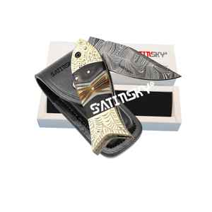 Couteau de poche 10 "en acier damas avec manche en bélier et traversins en laiton cadeau de chasse pliant manuel à haute teneur en carbone 1095 + 15N20 - Product Image 3