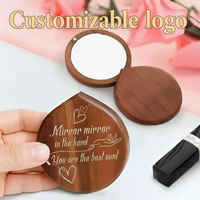 Miroir de poche compact en bois de noyer noir personnalisé avec logo, idéal pour le maquillage et la beauté