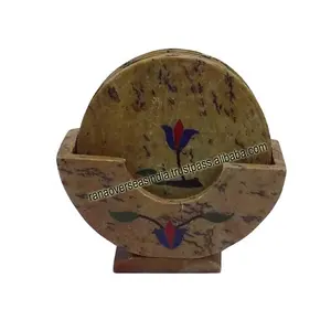 Hot Selling Tulip Printed Coaster With Holder Made Of Soapstone for Mugs And Cups Office Kitchen