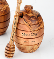 Pot à miel en bois d'olivier antique ArtisRaw avec cuillère sculptée à la main (Origine tunisienne) - Thème vintage, cadeau pour la fête des mères