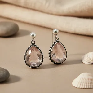 Pendientes de gota de cuarzo rosa de plata tibetana vintage Art Palace para mujer, regalo - Product Image 3
