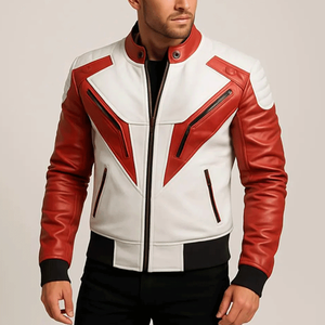 แจ็กเก็ตกันลมหนังสีขาวและสีแดงสำหรับนักแข่งรถสำหรับชายและหญิงขนาดพลัสไซส์สำหรับฤดูหนาวขี่มอเตอร์ไซค์สไตล์สตรีท - Product Image 4