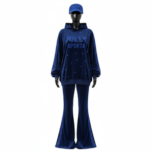Women <b>Tracksuit</b> Premium Polyester <b>Velour</b> 280 GSM Navy Blue Panel Design Heat Press Rhinestone Custom Logo <b>Tracksuits</b> <b>Plus</b> <b>size</b> - Product Image 1