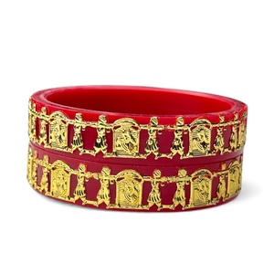 Wedding Couple Ethnic <b>Red</b> Acrylic Pearl Emerald Cut Bangle Set with Gold Figure Design Punjabi Bridal Wholesale Bulk for Women - Product Image 4