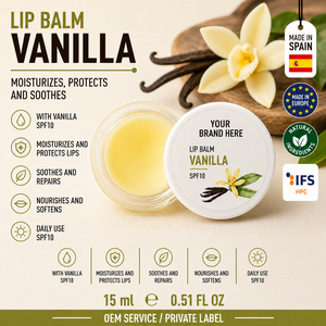 Bálsamo Labial de Vainilla de Marca Privada SPF10 15ml OEM |   Cuidado Labial Hidratante con Manteca de Karité y Vitamina E |   España UE - Product Image 1