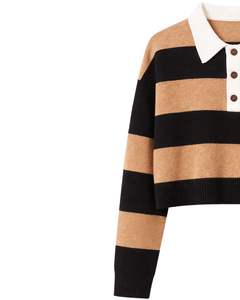 Suéter Polo Corto a Rayas Marrón y Negro Personalizado para Mujer, Suéter de Punto Suave de Manga Larga con Cierre de Botones, Top Informal de Invierno - Product Image 3