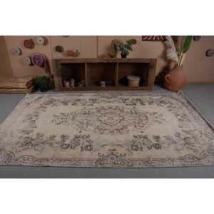 พรมตุรกีโบราณ5.4 x 9.3ft เบจเทาสานด้วยผ้าขนสัตว์แบบสานมีลวดลายปะติดสำหรับตกแต่งห้องนั่งเล่นห้องโถงยางพาราด้านหลัง - Product Image 4