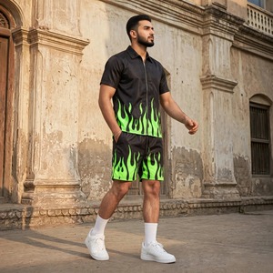 DRIFTWEAR Men's Neon Green <b>Flame</b> Print Relaxed Fit Short Sleeve <b>Shirt</b> Shorts Set Streetwear Summer Outfit Quick Dry Elastic - Product Image 2
