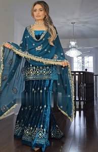 Ensemble Sharara de créateur vintage en dentelle avec dupatta, broderie et travail de sequins, prêt-à-porter, pour soirée, couleur bordeaux - Product Image 3