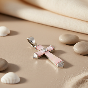 925 Silver Pink Mother of <b>Pearl</b> Cross <b>Pendant</b> Religious Jewelry with Dainty <b>Pearl</b> <b>Charms</b> - Product Image 1