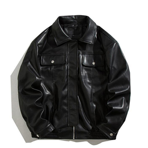 เสื้อแจ็กเก็ตหนังรถจักรยานยนต์ผู้ชาย, เสื้อแจ็กเก็ตหนังแบบหลวมกระเป๋าคู่แบบลำลองเสื้อแจ็กเก็ตนักบิน - Product Image 1