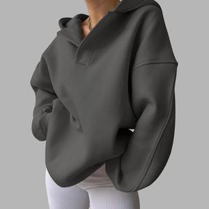 Sudadera con capucha de gran tamaño con cuello en V y forro polar clásico para mujer, sudadera transpirable de talla grande, ropa de invierno con bolsillo práctico - Product Image 2
