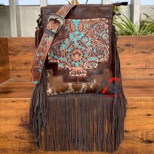 Bolso bandolera de cuero de vaca a mano de estilo occidental con flecos, bolsos de hombro de lujo de diseñador de moda para mujer - Product Image 1