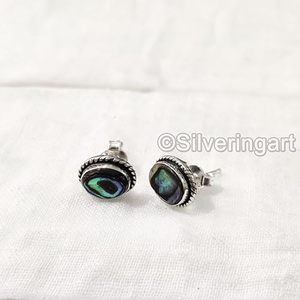 Boucles d'oreilles clous pour femmes en coquille d'ormeau naturelle, pierres précieuses, style bohème, bijoux faits à la main, boucles d'oreilles clous en argent sterling 925 - Product Image 3