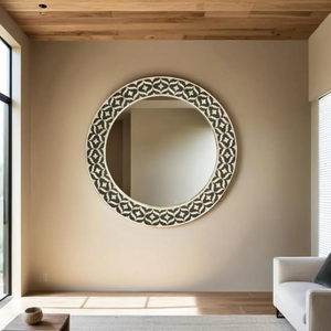 Espejo de Pared de Madera Rústico Moderno con Bordes de Incrustaciones de Hueso, Detalles en Resina y Soporte Trasero de MDF, Estilo Clásico para Decoración Natural - Product Image 3