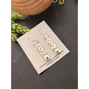Kingman Turquoise & Sterling <b>Silver</b> Dangle <b>Earrings</b> Navajo Made Drop Geometric Shape Pattern for Women - Product Image 3